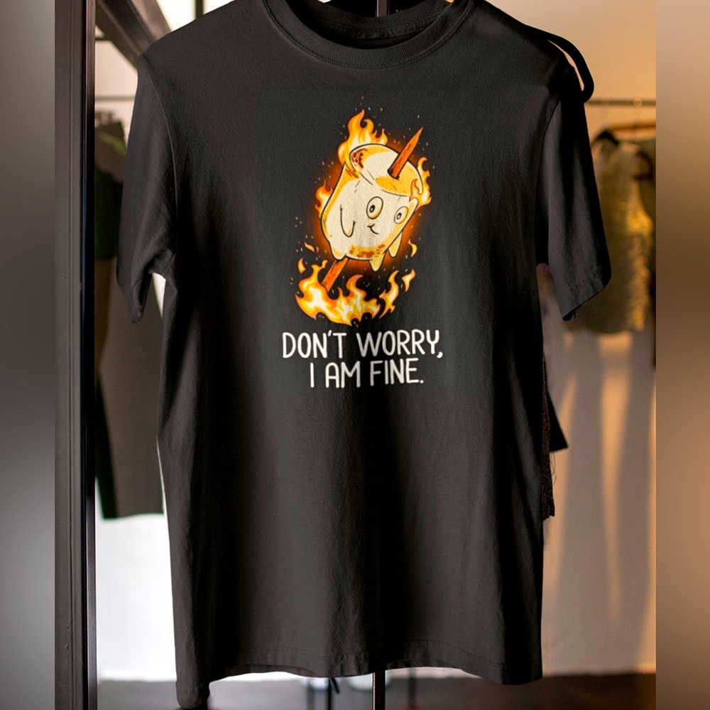 Marshmallow Smiley On Fire | Don’t Worry, i Am Fine. Men’s Black Tee NWT